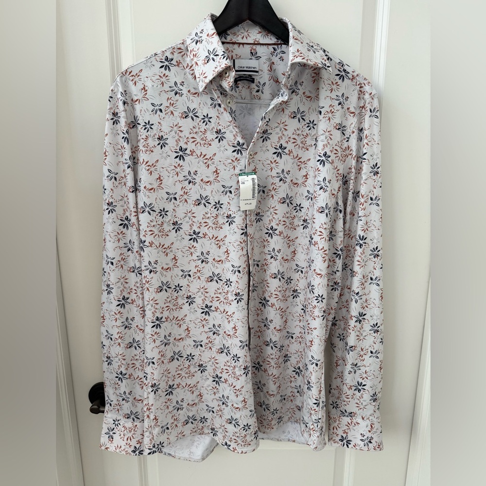 Oskar Mäkinen Men's Floral Button-Down Shirt - White, Blue, and Brown